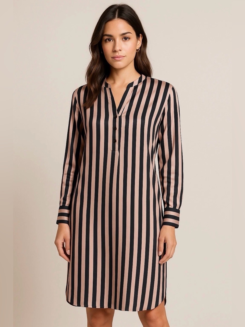Weekend Stories Tan and Black Striped shirt dress